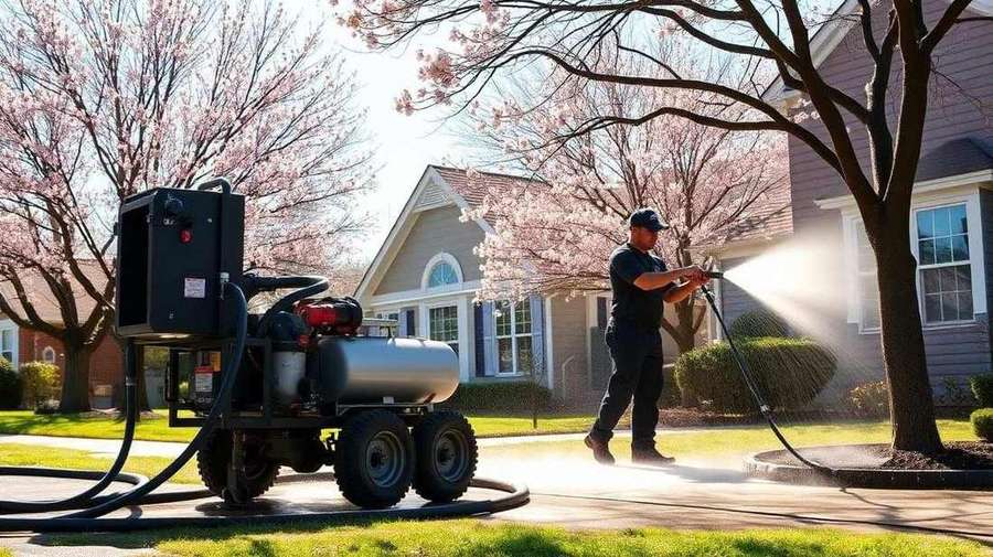 Pressure washing crew at work on a sunny spring morning with cherry blossoms in bloom