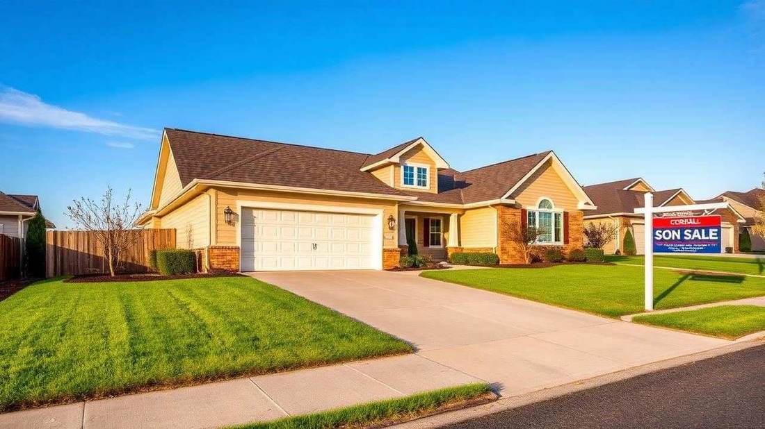 Real estate listing photo of a freshly washed suburban home with a for sale sign